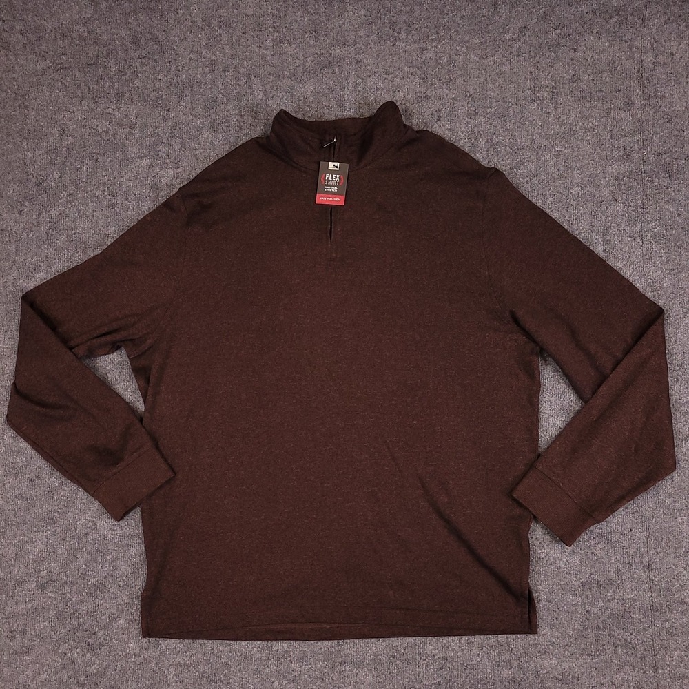 Van Heusen Men 1/4 Zip Pullover Brown 2XLT Flex Shirt Mock Neck Stretch NEW